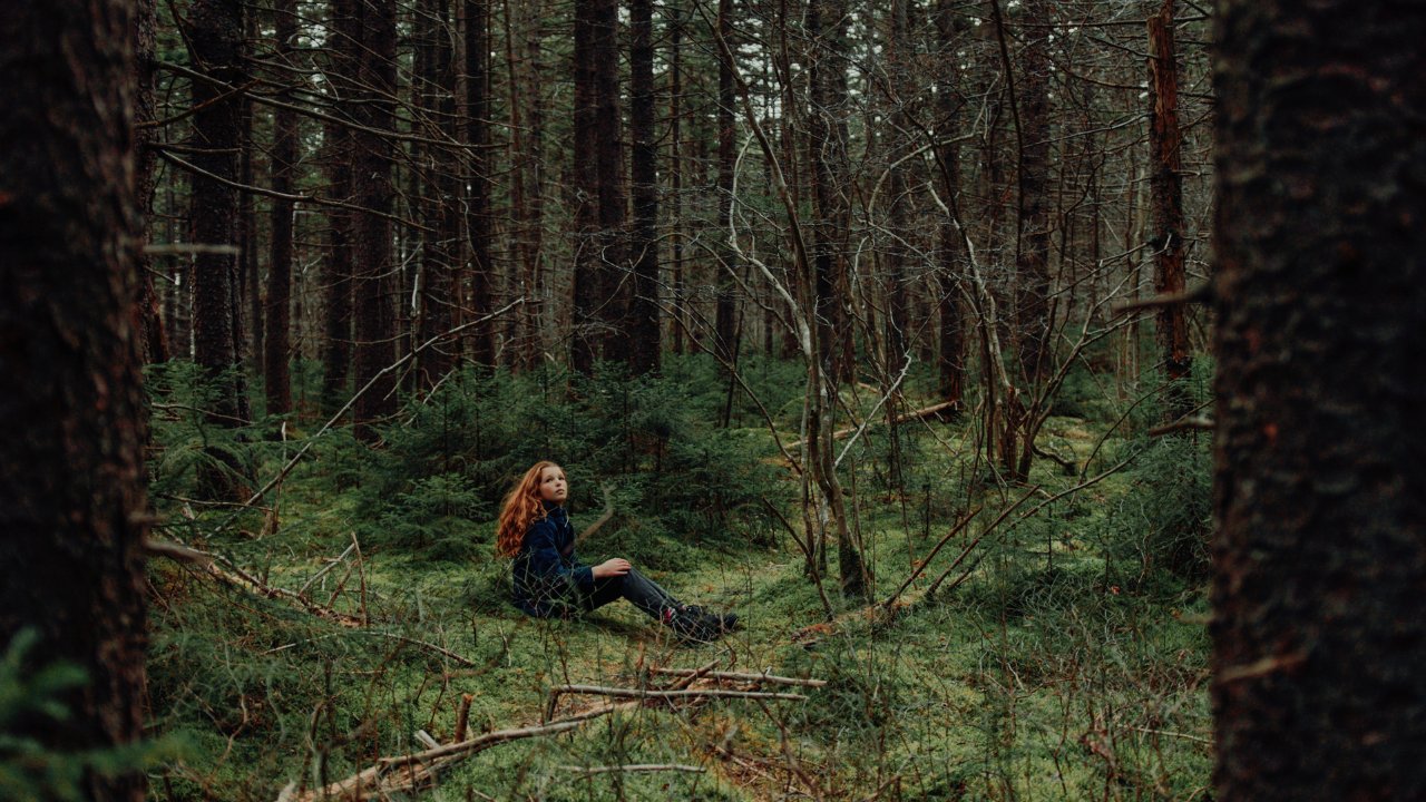 A young person sits in a grassy clearing in the middle of the forest