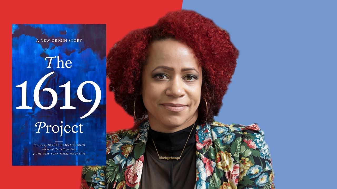Nikole Hannah-Jones with cover of The 1619 Project
