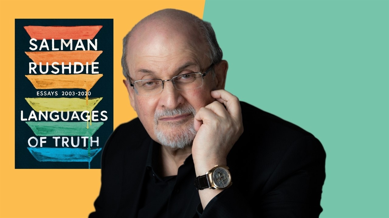 Salman Rushdie with cover of Languages of Truth