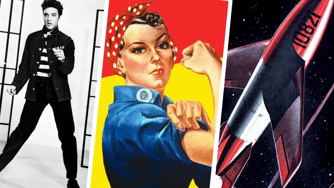Collage of Elvis, Rosie the riveter and spaceship