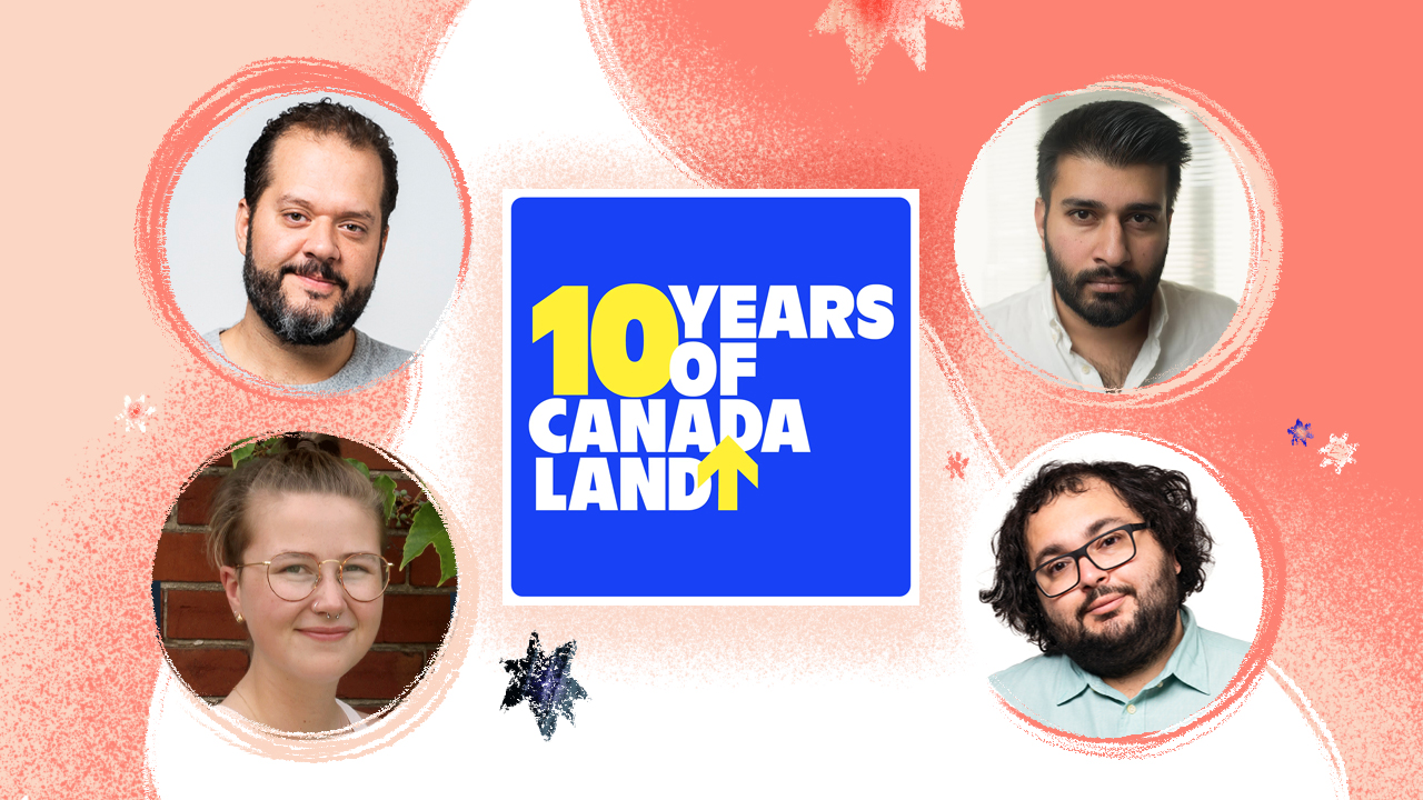 Abstract background graphics overlayed with CANADALAND logo and headshots of four participants