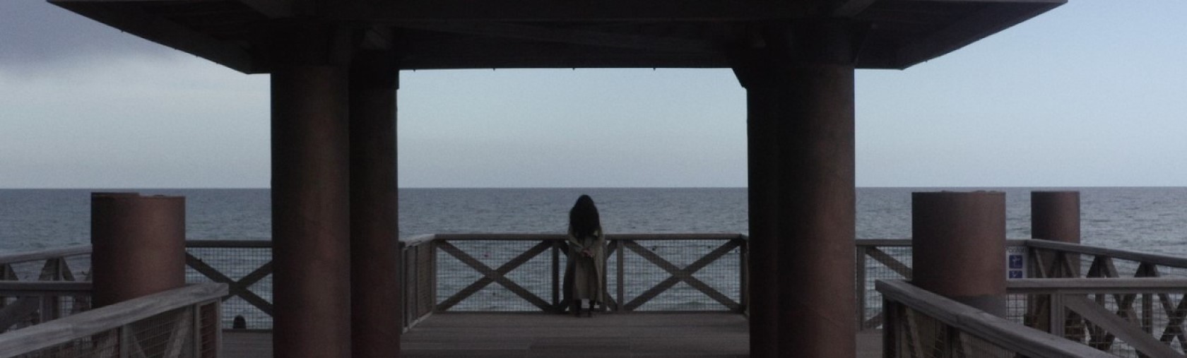 Person stands at end of pier, looking out at water