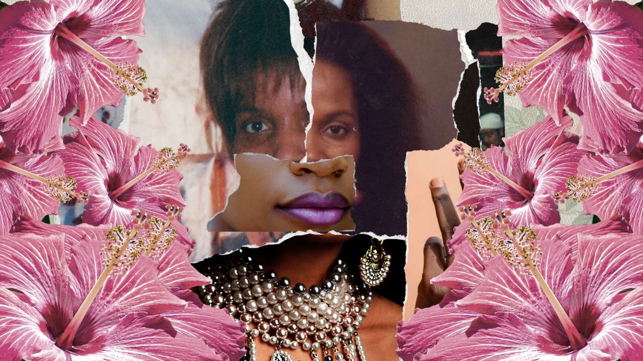 a collage of flowers and photos of a woman's face