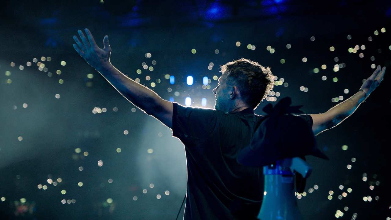 Damon Albarn on stage with Blur