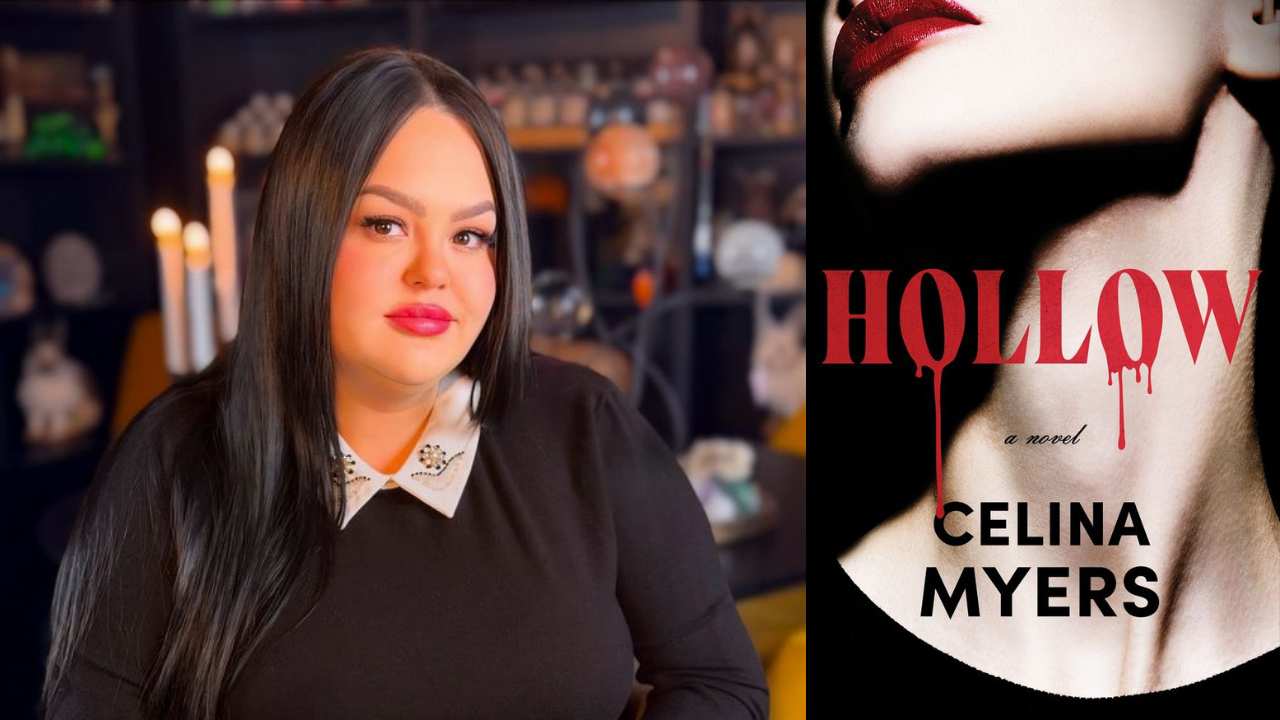Celina Myers next to a book cover