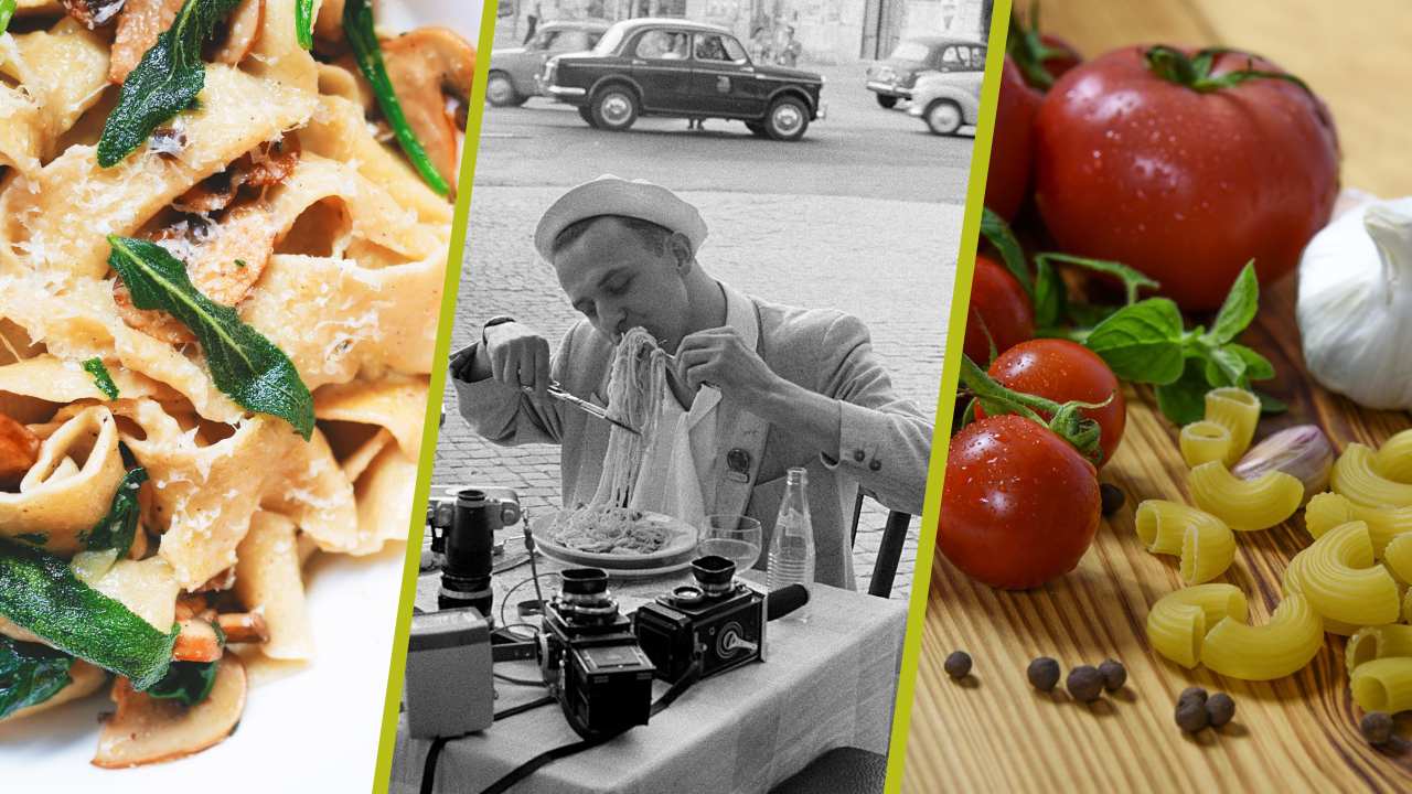 a collage of pasta, a man eating pasta and tomatoes, garlic and maccaroni