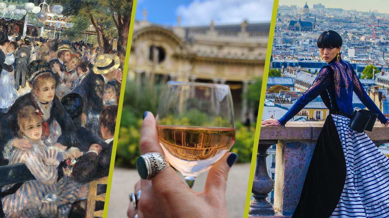 a collage of a painting of a group of people, a glass of wine, and a woman standing on a balcony