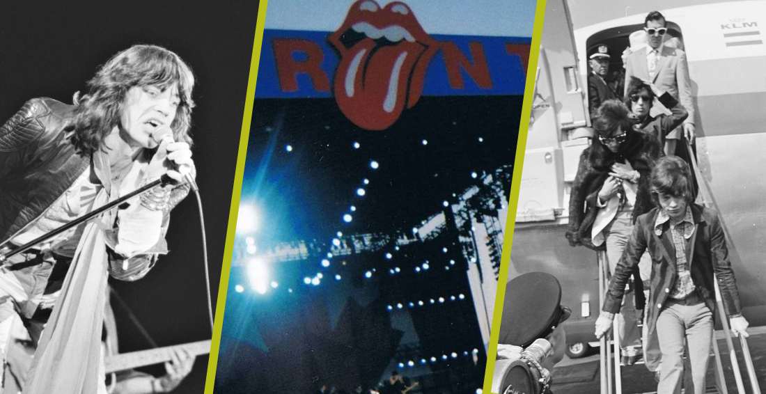 a collage of a man with shaggy hair and a scarf singing, a stage with the Rolling Stones lips/tongue logo, and a group of men walking off of a plane