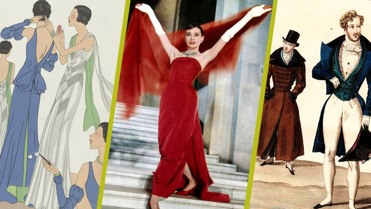 fashion illustrations and a woman in a red dress