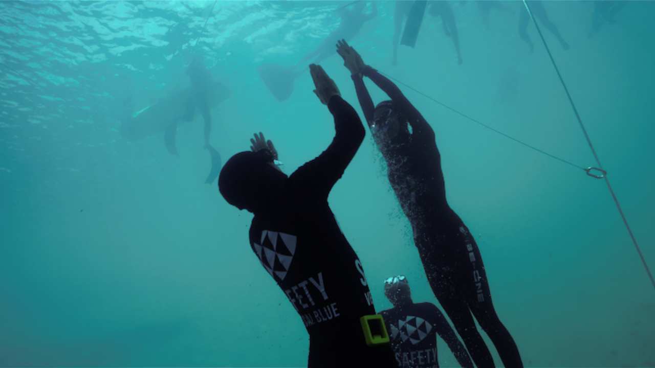 three people in wetsuits under the water