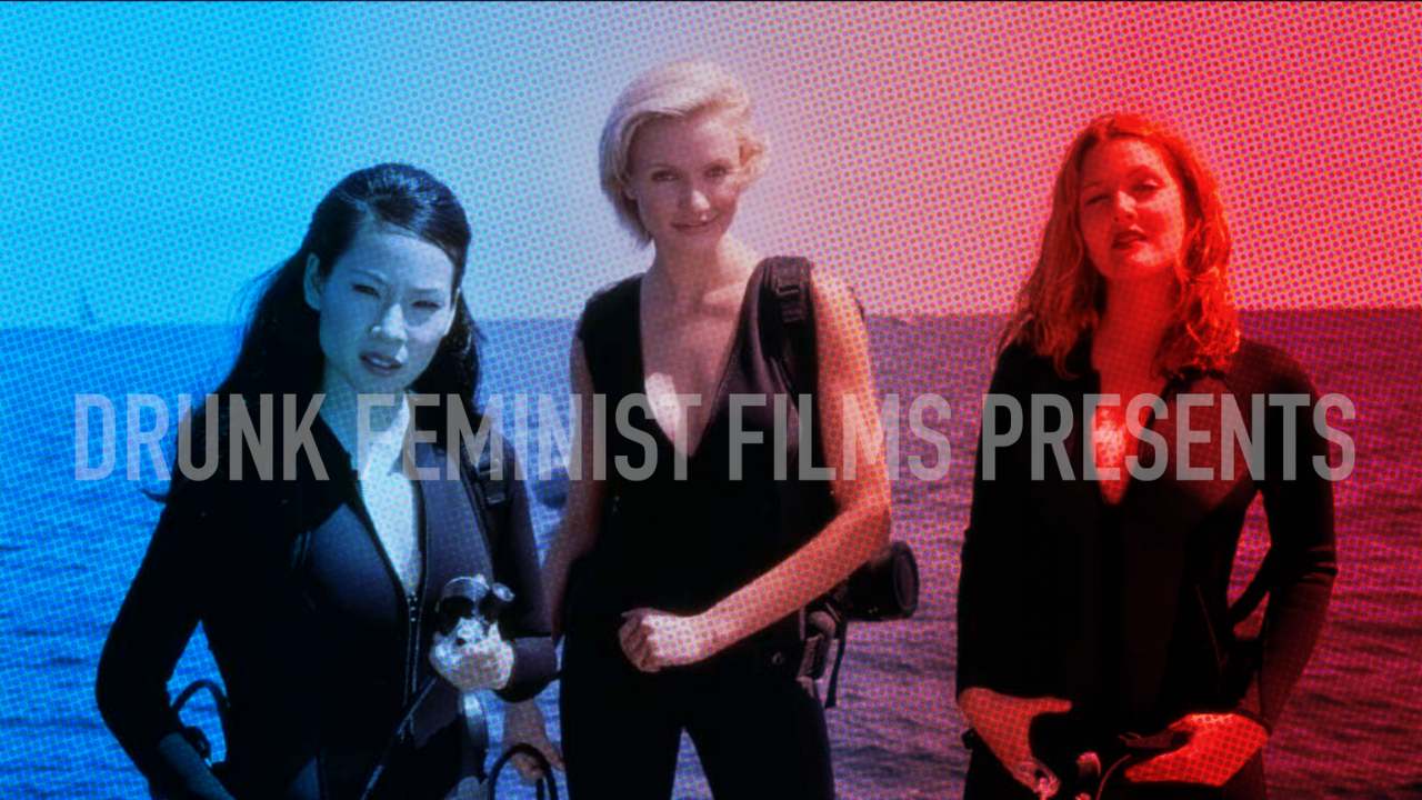 Drunk Feminist Films logo over a photo of Lucy Liu, Drew Barrymore and Cameron Diaz