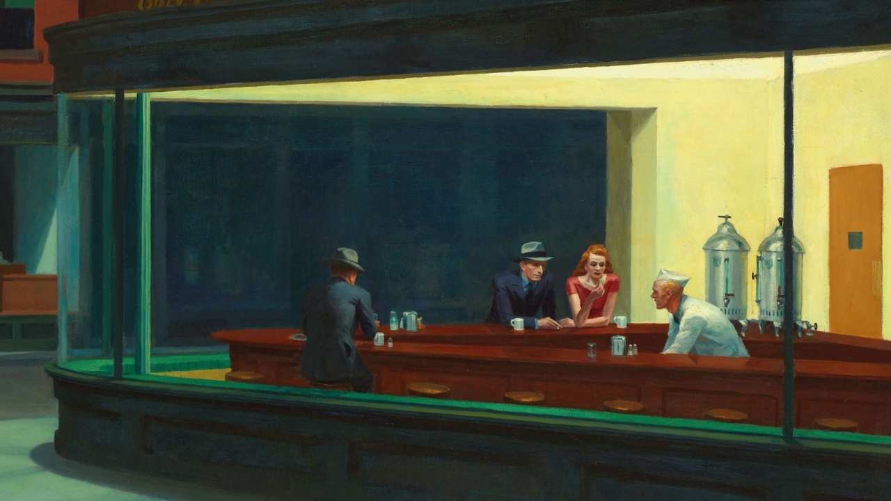 a painting of people at a diner