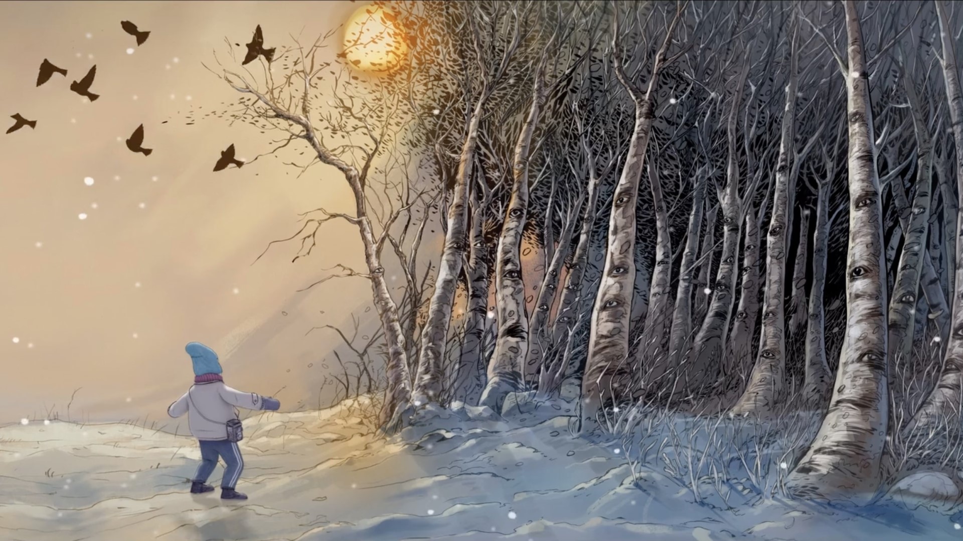 Illustration of child approaching snowy forest