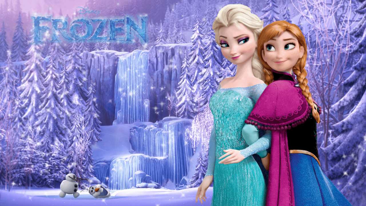 two animated girls standing back to back and a snowman behind them