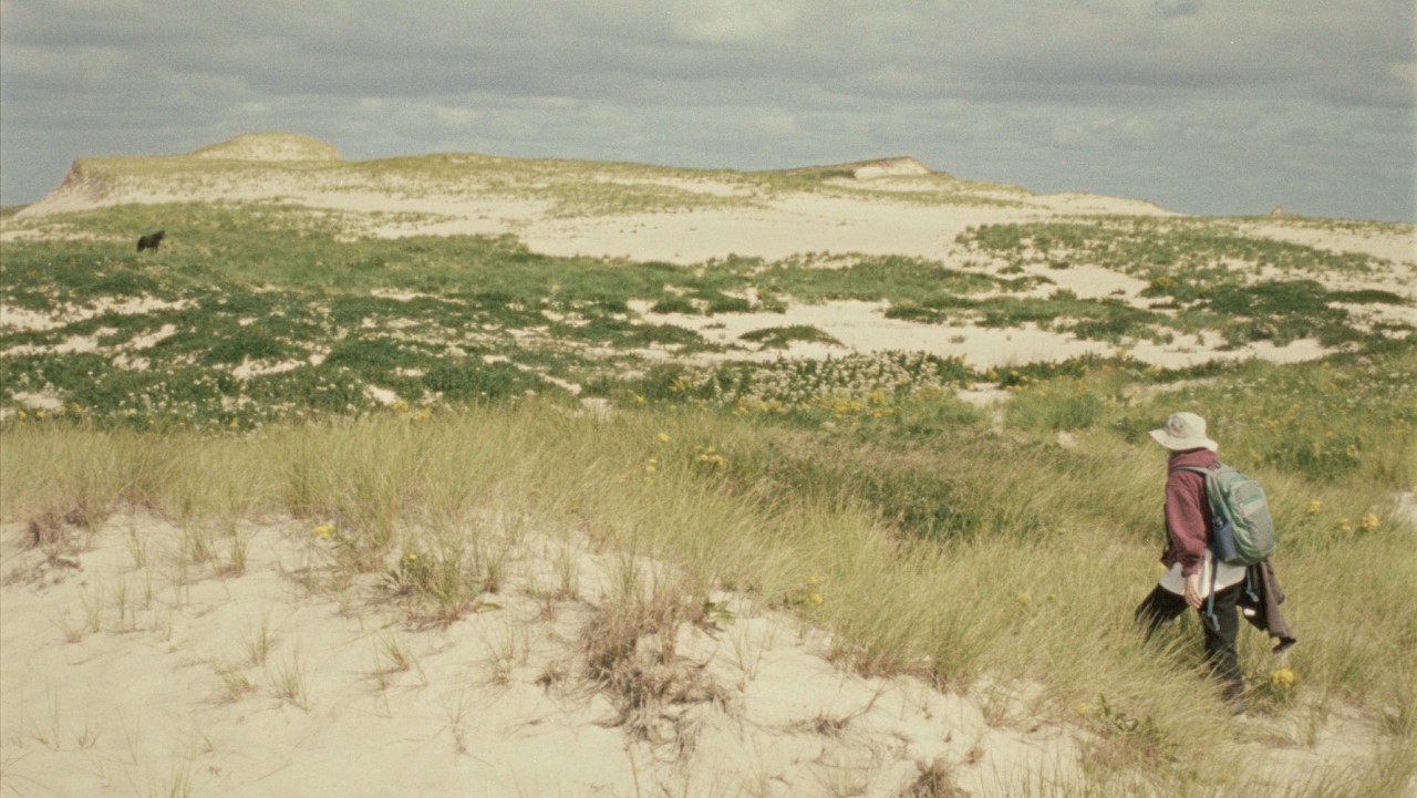 Woman walking on sand dune