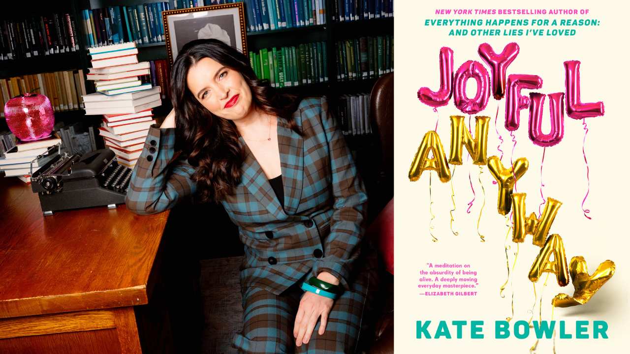author Kate Bowler next to a book cover