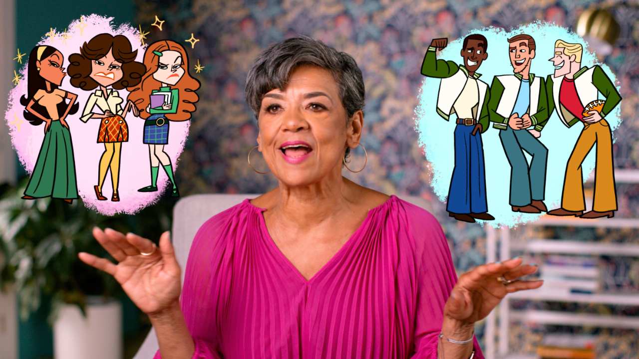 Sonia Manzano in pink surrounded by animated characters