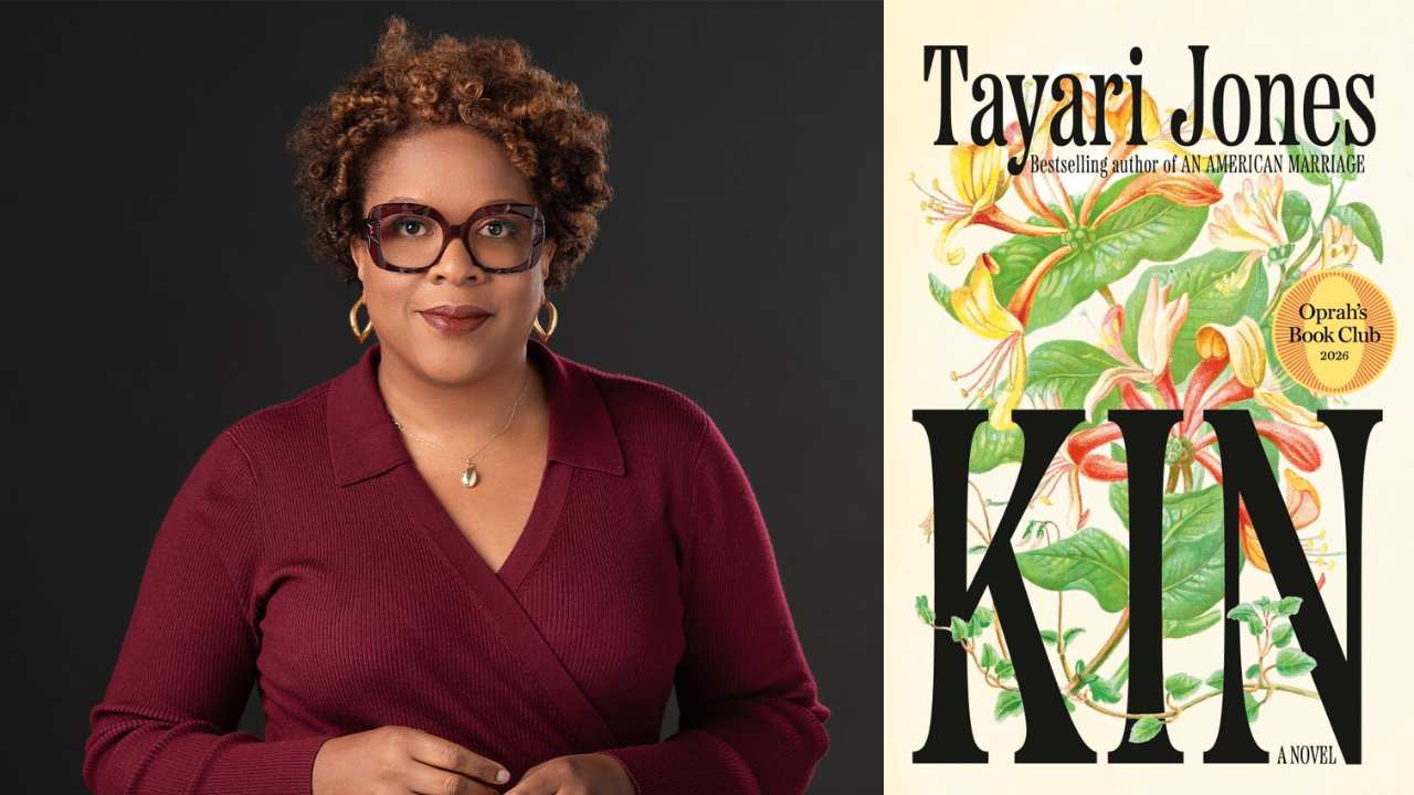 Tayari Jones next to a book cover