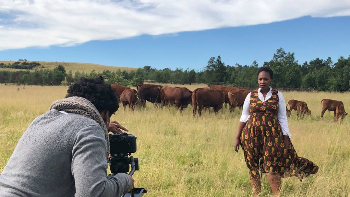 Woman filming another woman in a field with cows
