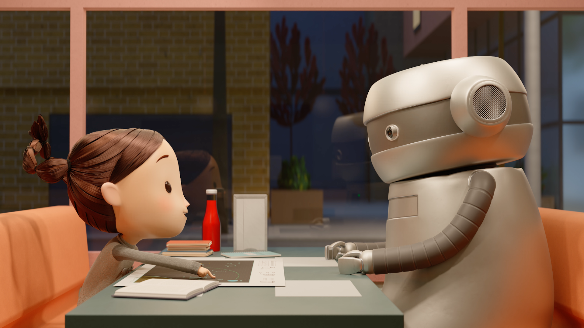 a cartoon girl and a robot are sitting at the table