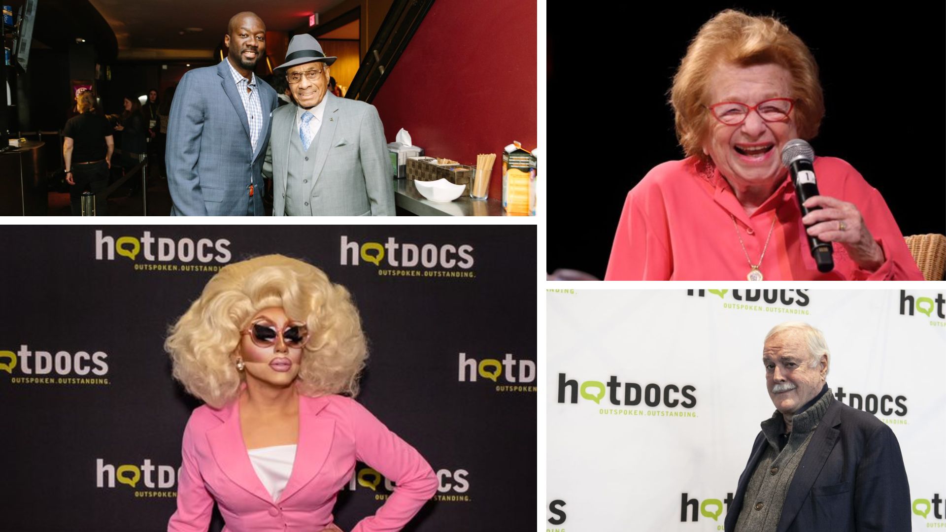 Collage of four photographs of Willie O’Ree, Trixie Mattel, Dr. Ruth and John Cleese