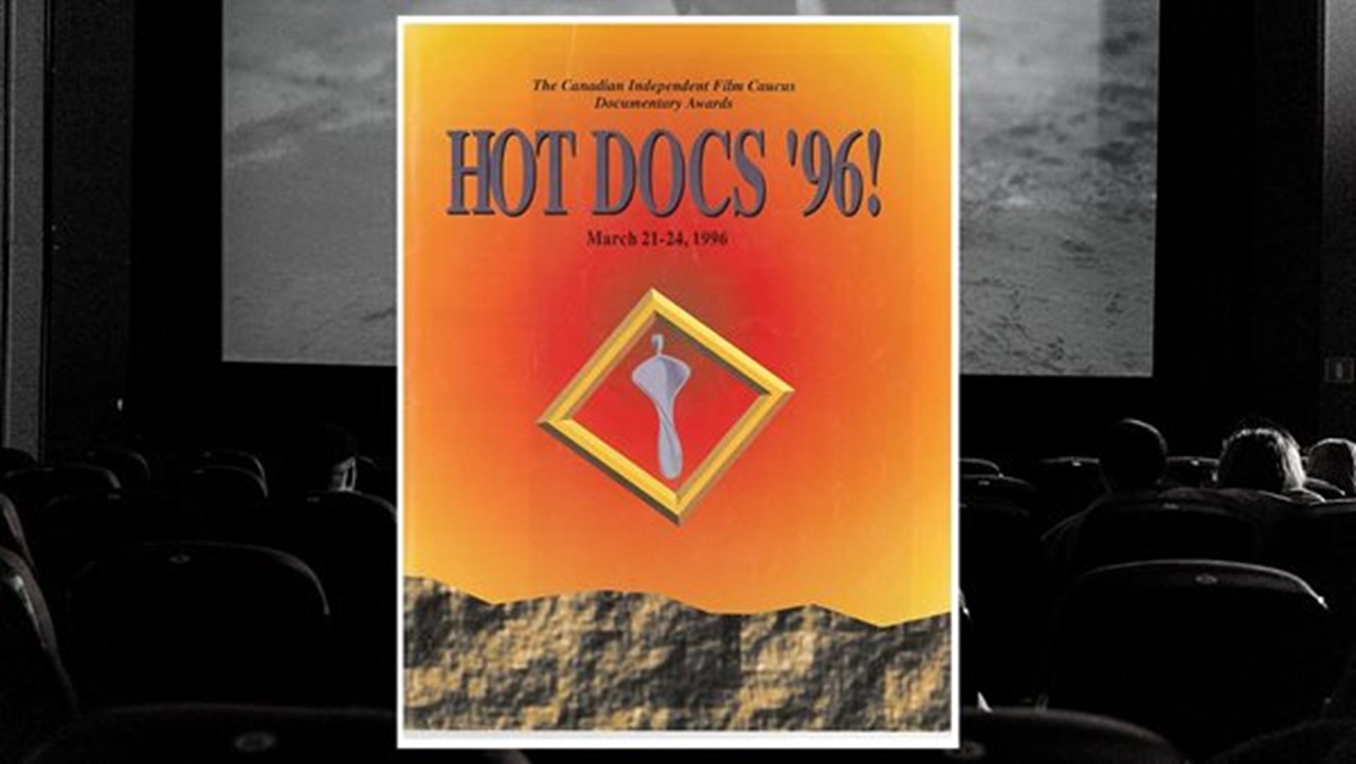 Hot Docs 1996 poster overlaying a black and white indoor cinema image